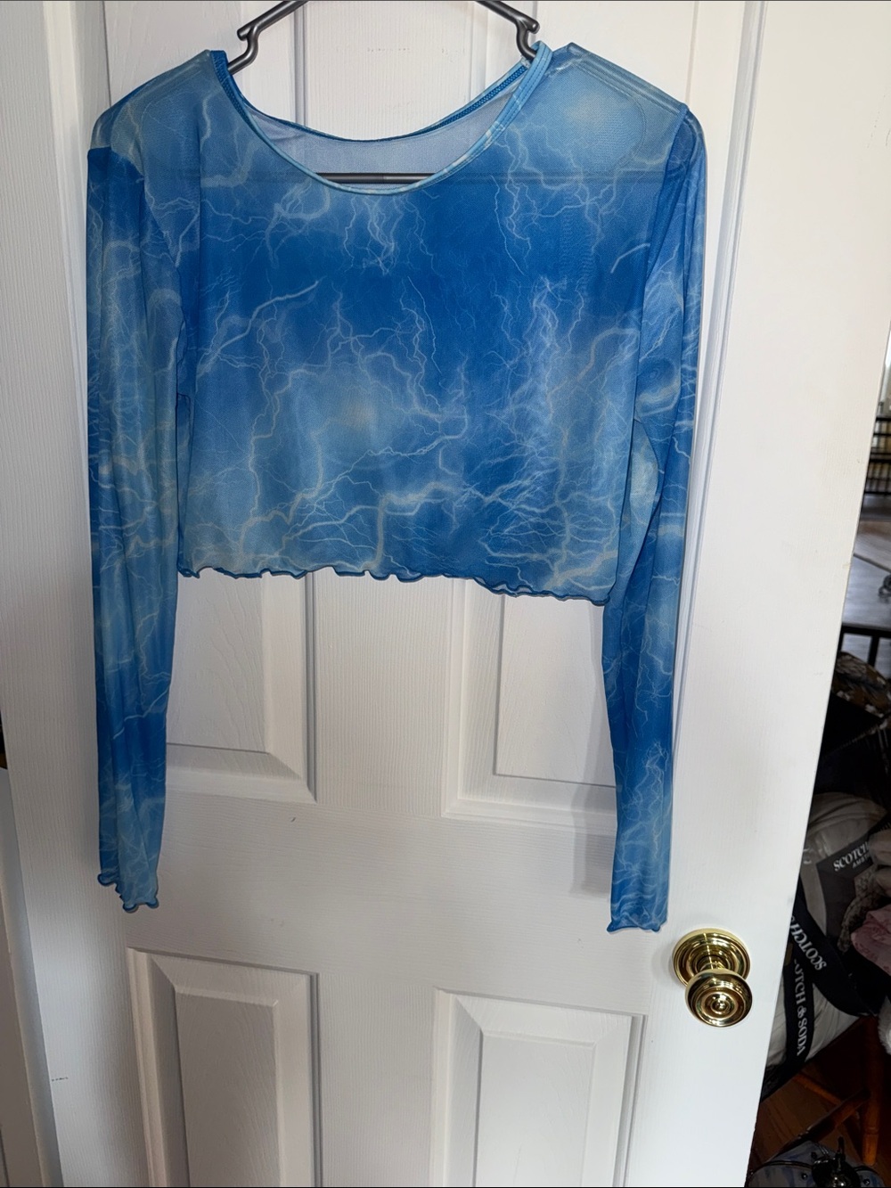 Blue Lightning-Print Mesh Long-Sleeve Crop Top